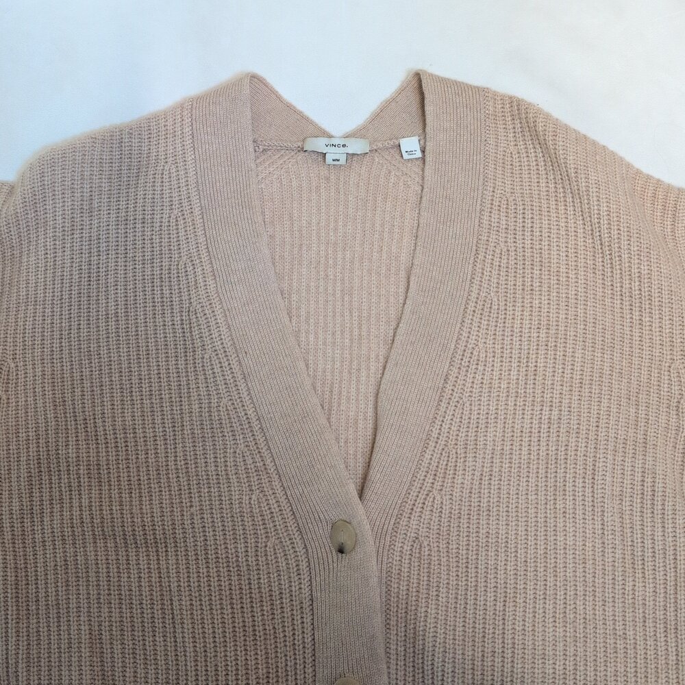 Vince Cashmere Blend Tan Ribbed Button Cardigan M - Picture 5 of 10